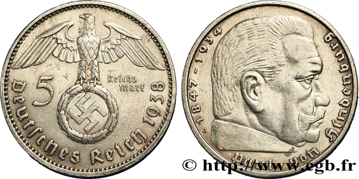 DEUTSCHLAND 5 Reichsmark aigle surmontant une swastika / Maréchal Paul von Hindenburg 1938 Berlin fVZ 