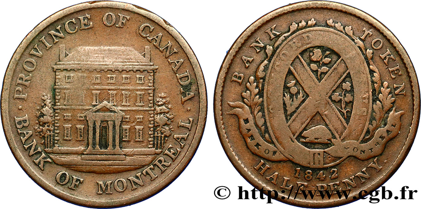 KANADA 1/2 Penny Province du Bas Canada Banque de Montréal, façade de la banque 1842  S 