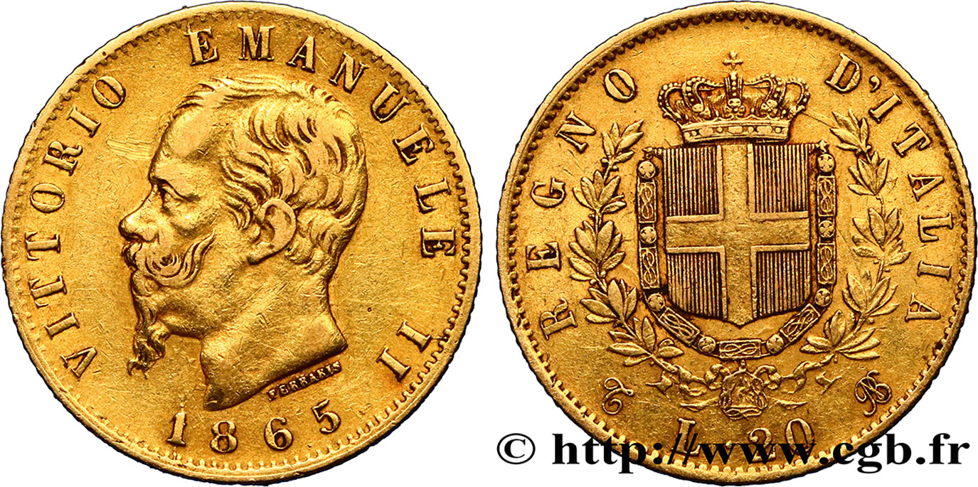 ITALY 20 Lire Victor Emmanuel II  1865 Turin XF 