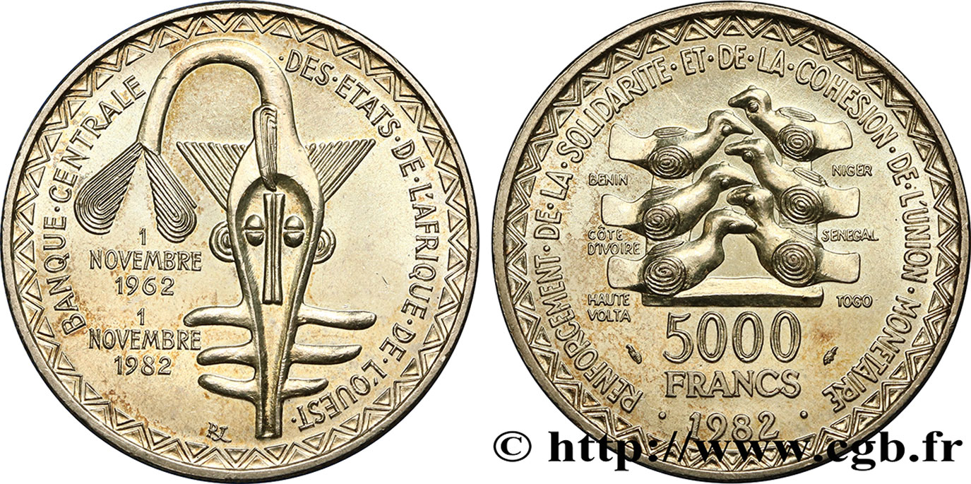 WESTAFRIKANISCHE LÄNDER 5000 Francs masque 20e anniversaire de l’Union Monétaire 1982  fST 