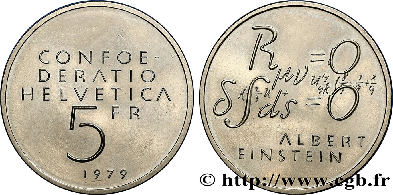 SCHWEIZ 5 Francs centenaire de la naissance d’Albert Einstein, équations 1979 Berne  VZ 