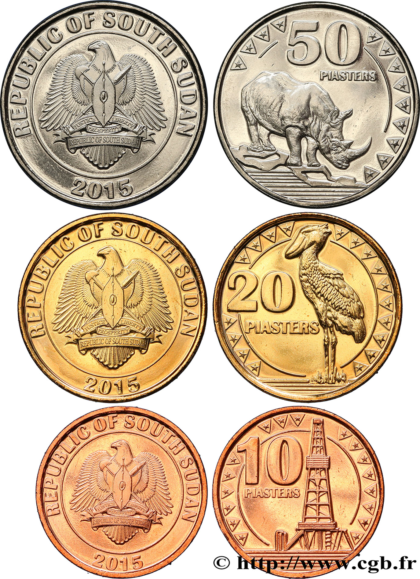 SUDAN DEL SUD Lot de 3 monnaies de 10, 20 et 50 Piastres 2015  MS 