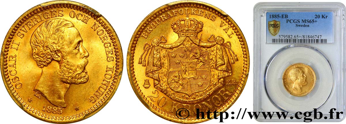 SUÈDE - ROYAUME DE SUÈDE - OSCAR II 20 kronor, 3e type 1885 Stockholm FDC65 PCGS