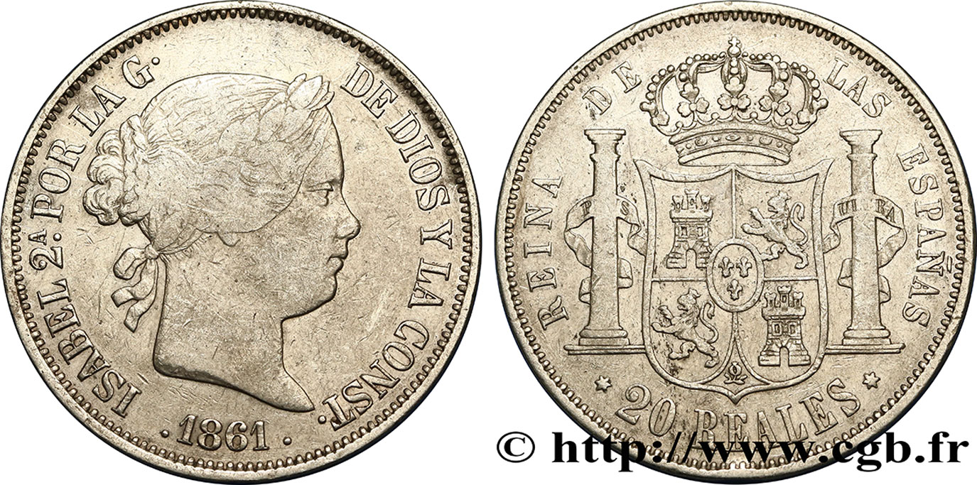 ESPAGNE - ROYAUME D ESPAGNE - ISABELLE II 20 Reales 1861 Madrid SS 