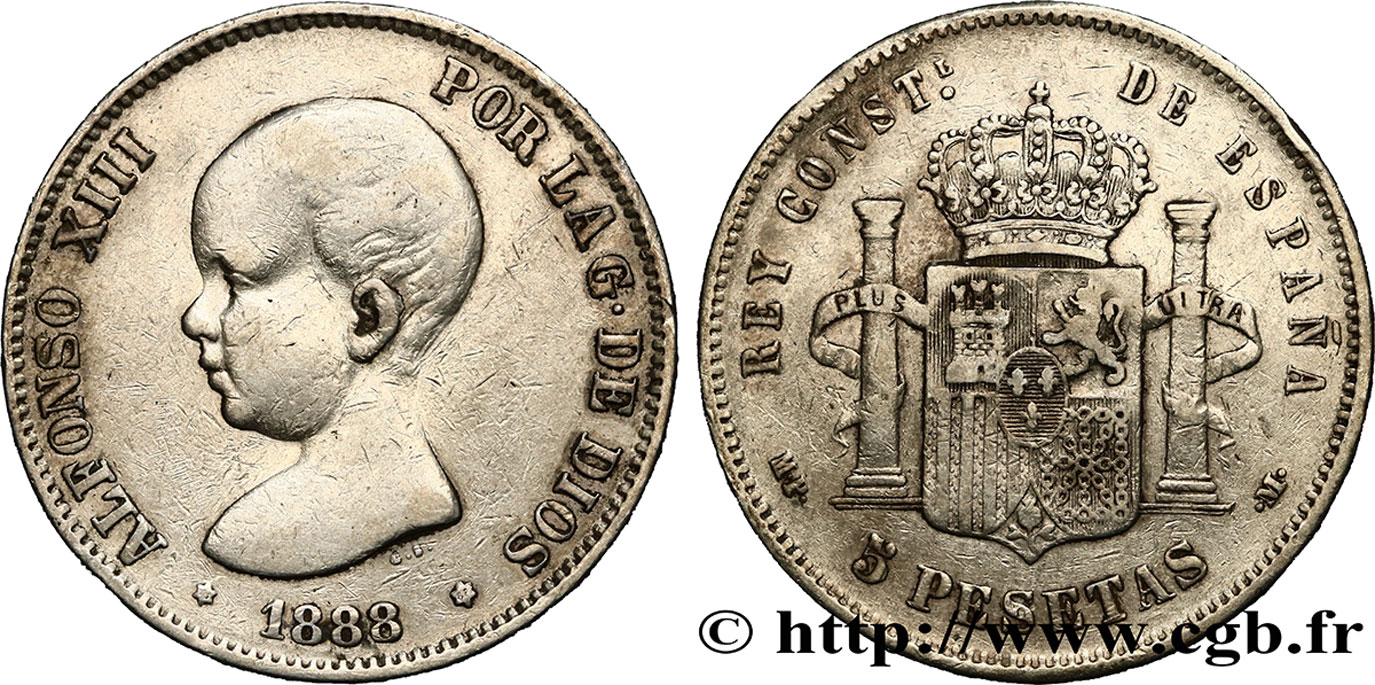 SPANIEN 5 Pesetas Alphonse XIII 1er type 1888 Madrid S 
