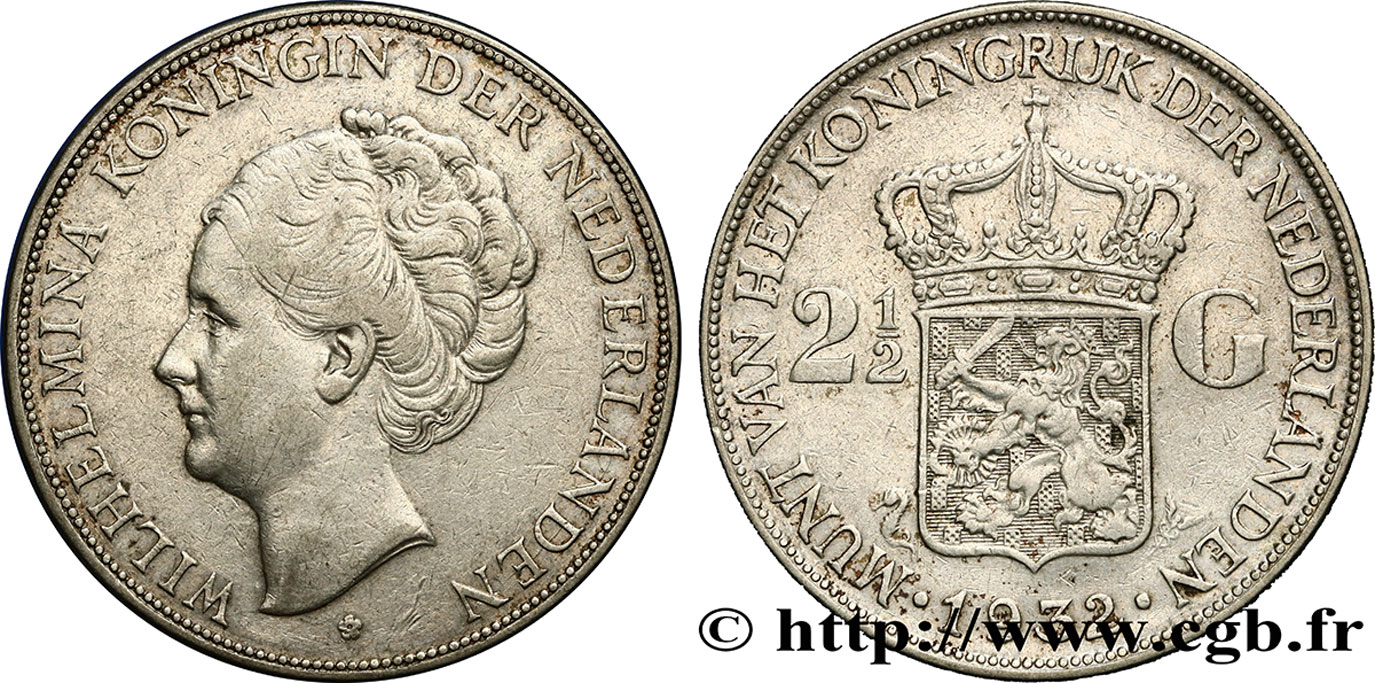 NETHERLANDS 2 1/2 Gulden Wilhelmina 1932  XF 