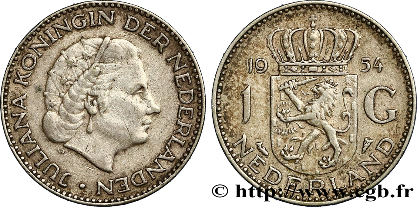 NIEDERLANDE 1 Gulden Juliana 1954  VZ 