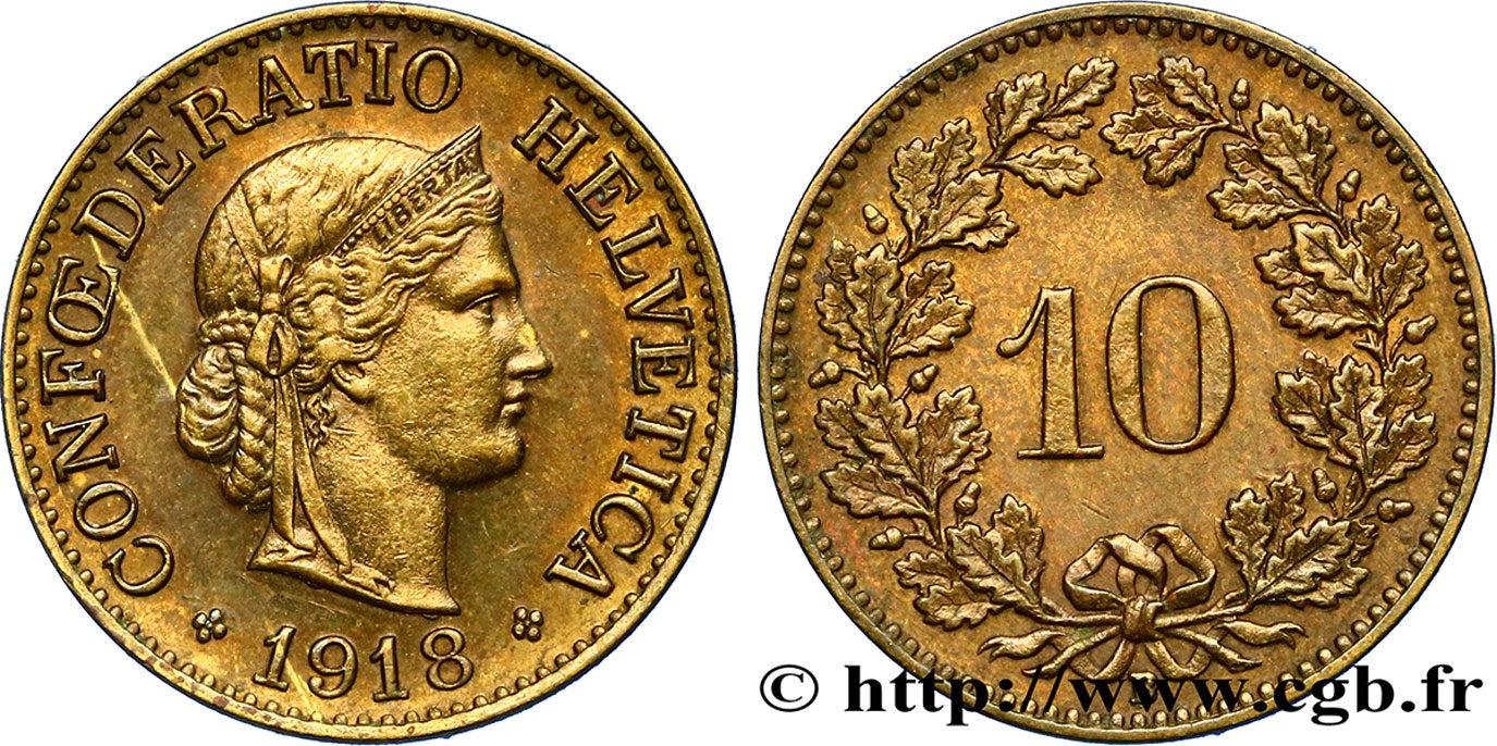 SWITZERLAND 10 Centimes (Rappen) Helvetia 1918 Berne AU 