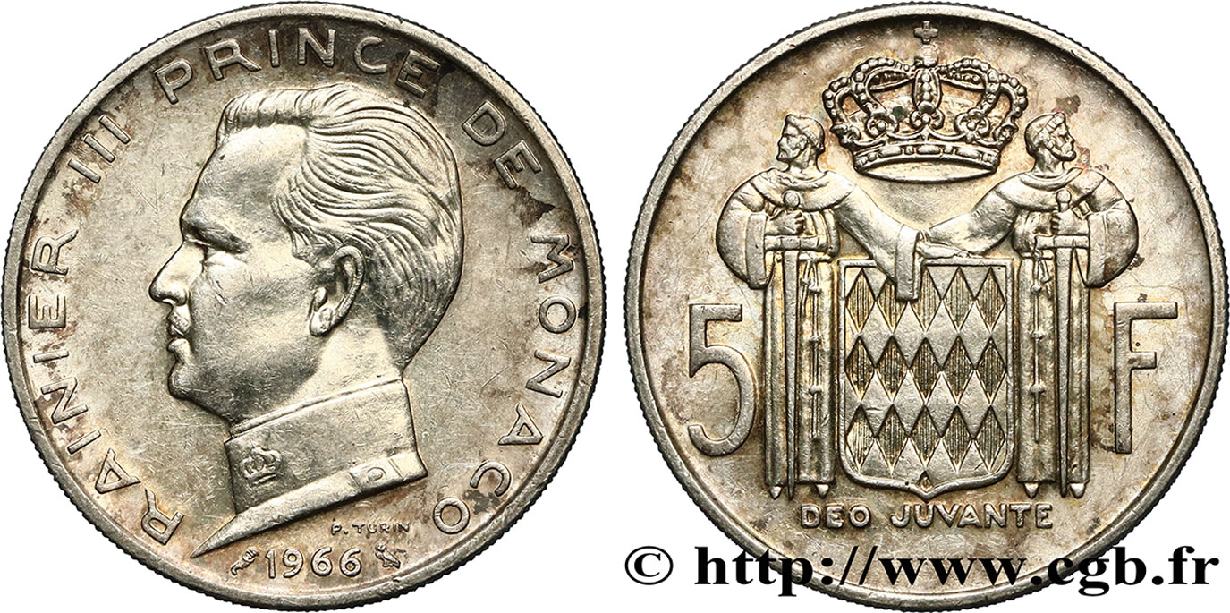 MONACO 5 Francs Prince Rainier III 1966 Paris EBC 