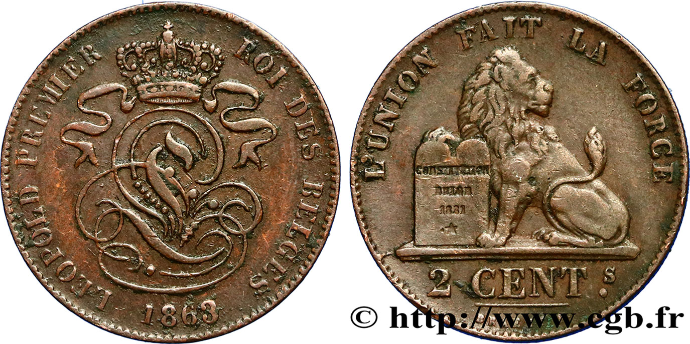 BÉLGICA 2 Centimes lion monogramme de Léopold Ier 1863  EBC 