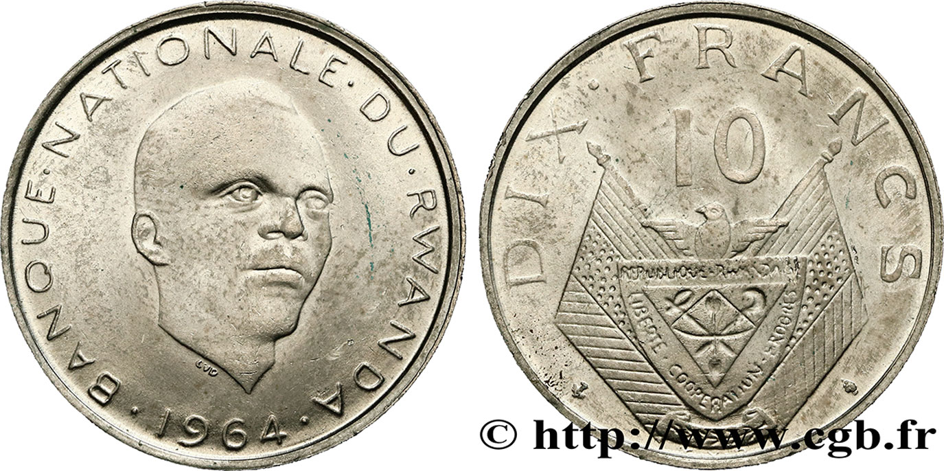 RWANDA 10 Francs président Grégoire Kayibanda / emblème 1964 Bruxelles SUP 