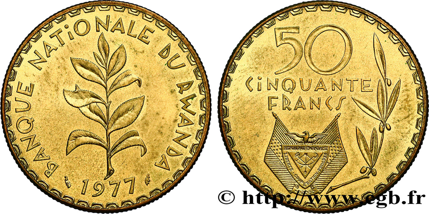 RWANDA 50 Francs emblème / plant de café 1977  SPL 