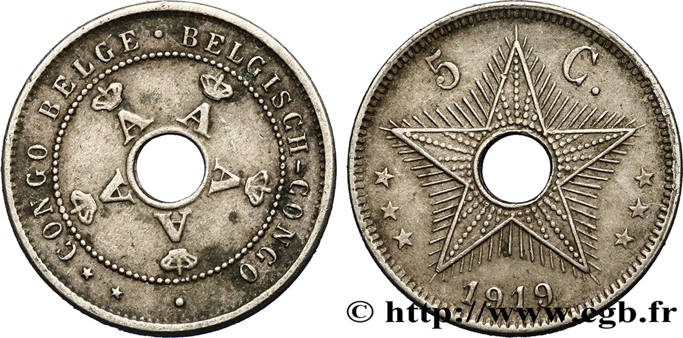BELGISCH-KONGO 5 Centimes monogrammes du roi Albert 1919 Heaton VZ 