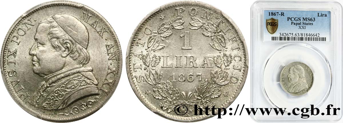 VATICAN - PIUS IX (Giovanni Maria Mastai Ferretti) 1 Lire an XXI 1867 Rome MS63 PCGS