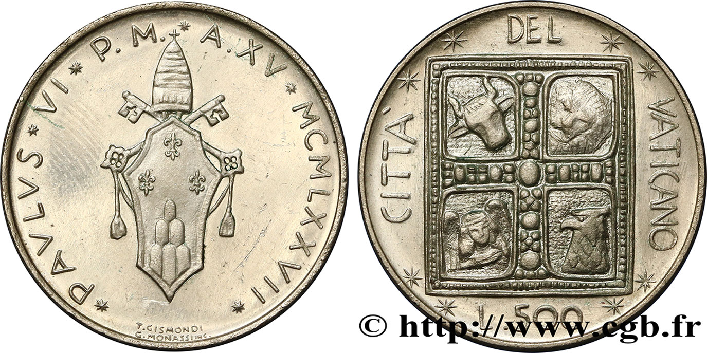 VATIKANSTAAT UND KIRCHENSTAAT 500 Lire frappe au nom de Paul VI an XV 1977 Rome fST 