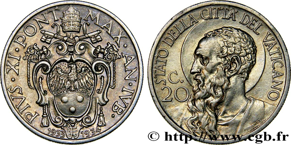 VATICAN AND PAPAL STATES 20 Centesimi frappe au nom de Pie XI an XIII année du Jubilé 1933-1933 Rome MS 