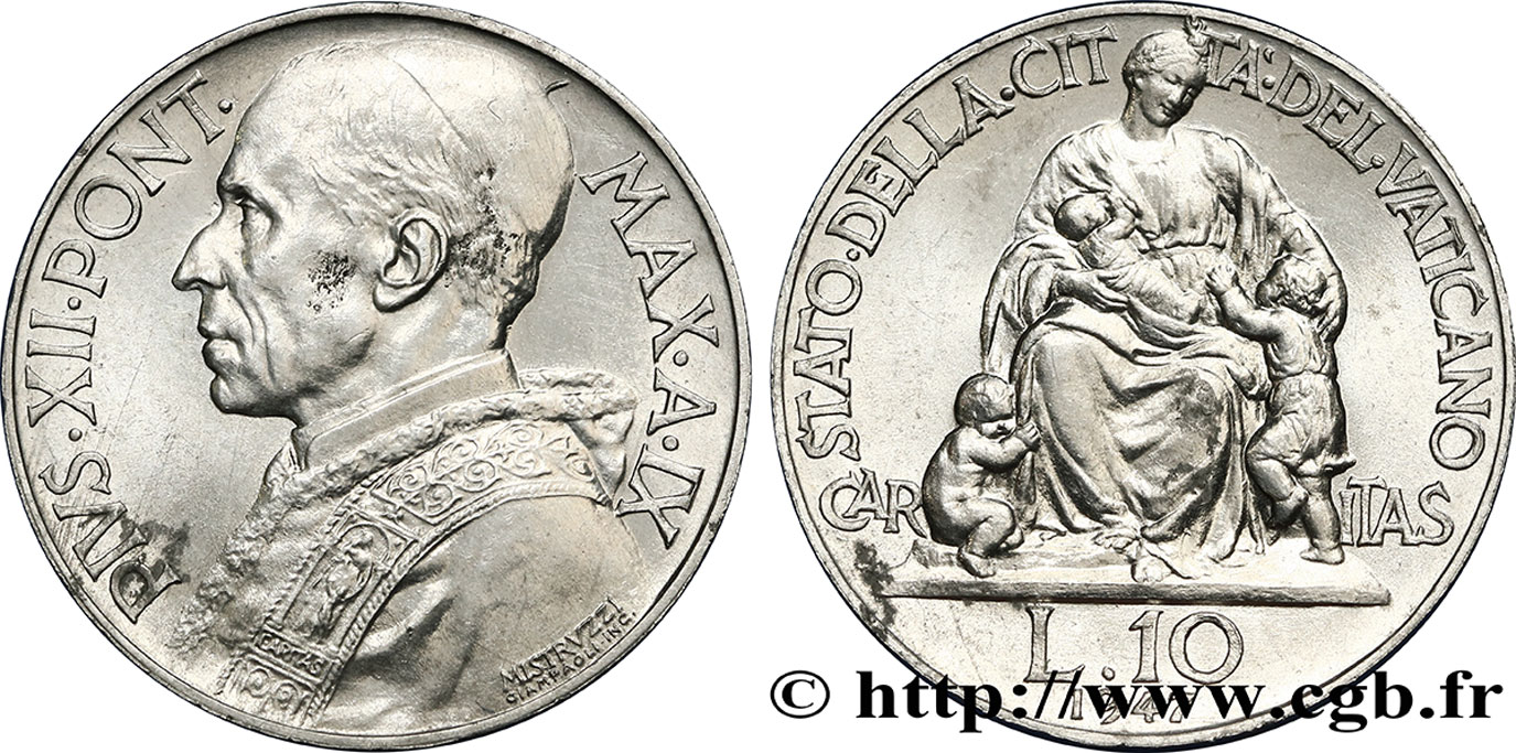 VATICAN ET ÉTATS PONTIFICAUX 10 Lire Pie XII an IX / Caritas 1947  SPL 