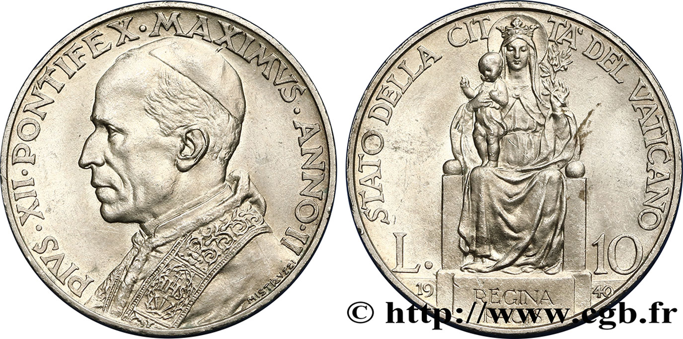 VATICAN AND PAPAL STATES 10 Lire Pie XII an II / Madone de la paix 1940  AU 