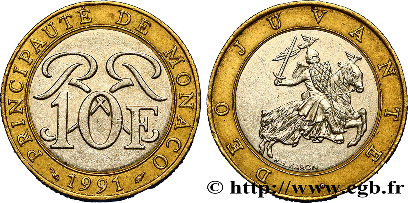 MONACO 10 Francs monogramme de Rainier III / chevalier en armes 1991 Paris SPL 