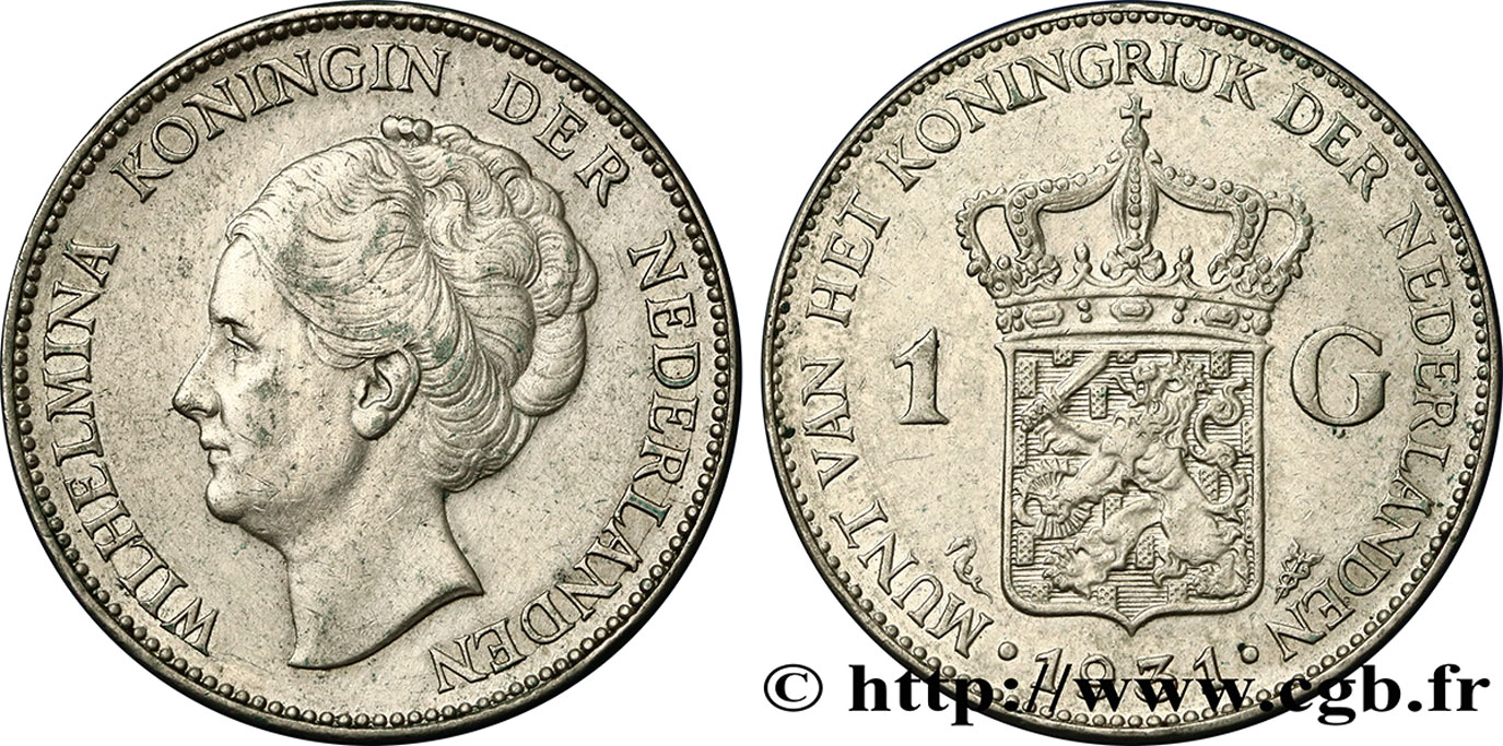 NETHERLANDS 2 1/2 Gulden Wilhelmina 1931  XF 