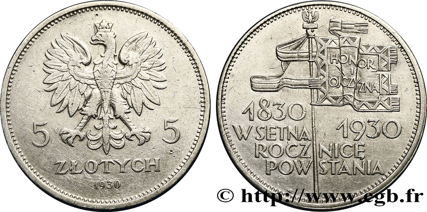 POLOGNE 5 zloty, centenaire de la révolte de 1830-1831 1930 Varsovie TTB 