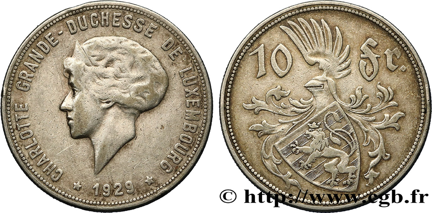 LUXEMBOURG 10 Francs Princesse Charlotte 1929  AU 