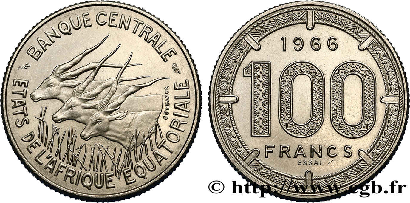 ÁFRICA ECUATORIAL  Essai de 100 Francs antilopes 1966  SC 