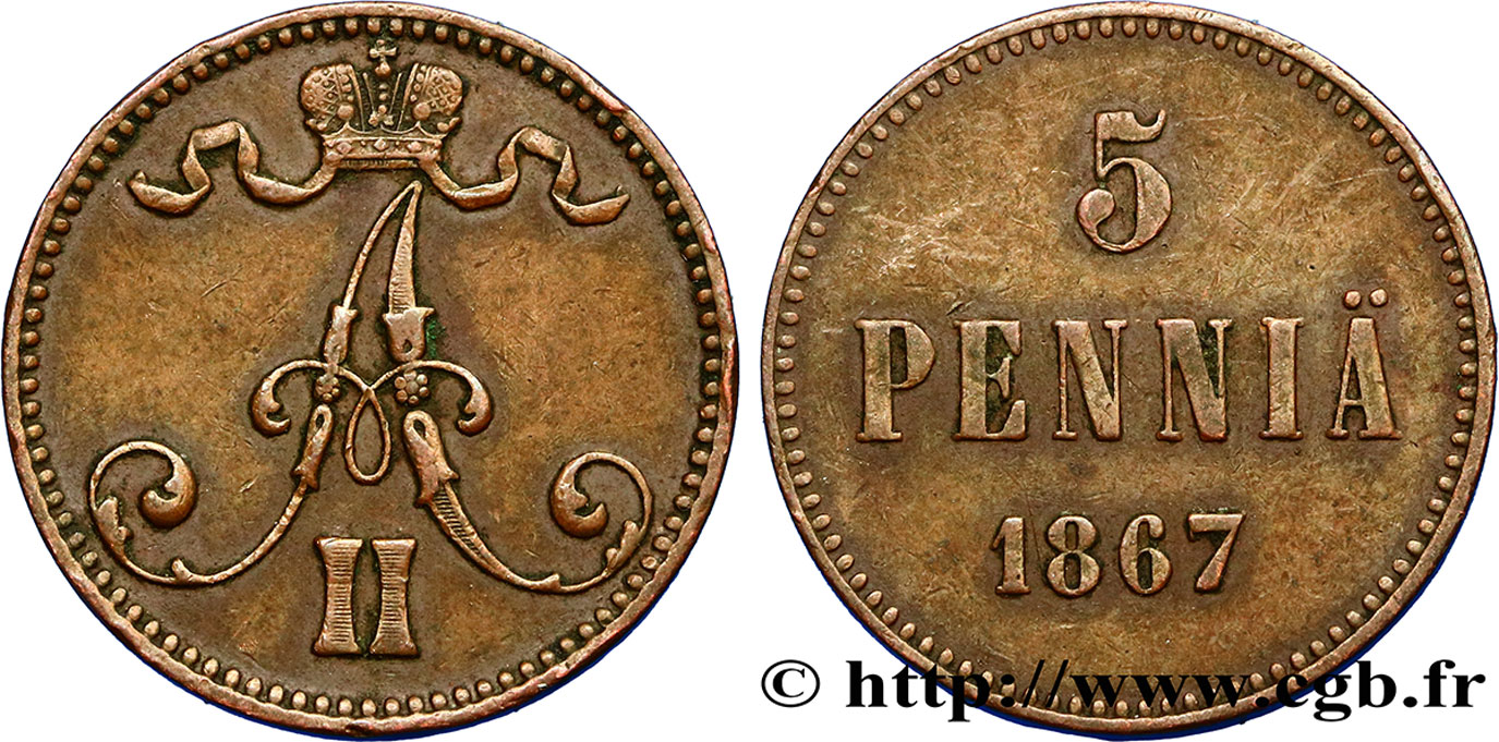 FINLANDIA 5 Pennia monogramme Tsar Alexandre III 1867  MBC 