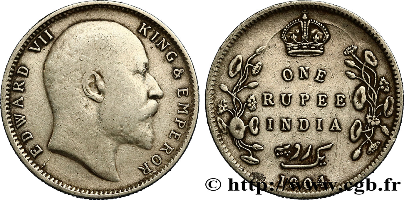 BRITISH INDIA 1 Roupie Edouard VII 1904 Calcutta VF 