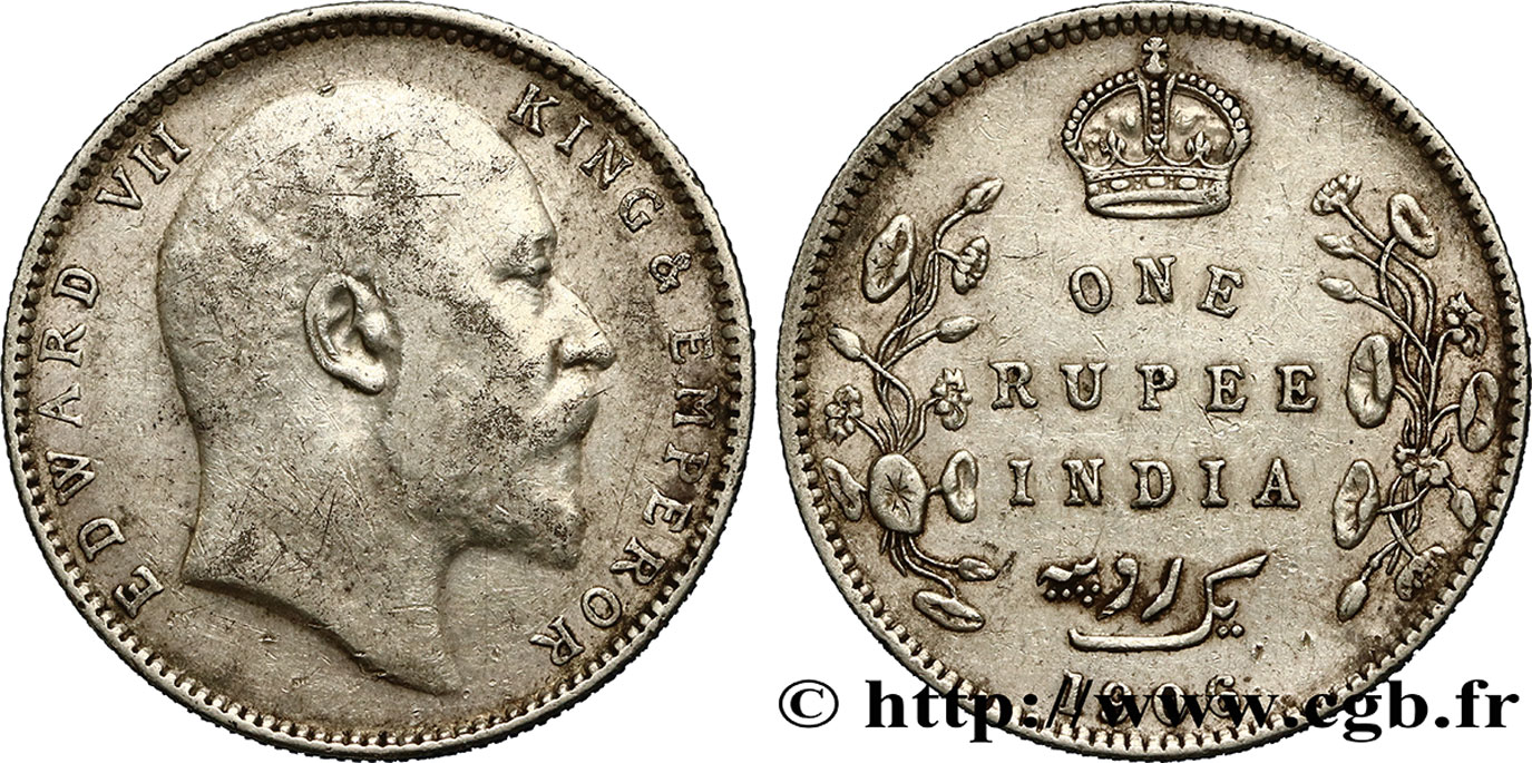 INDIA BRITANNICA 1 Roupie Edouard VII 1906 Calcutta BB 