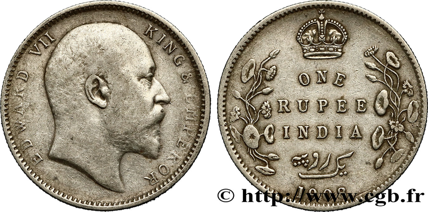 INDES BRITANNIQUES 1 Roupie Edouard VII 1908 Calcutta TB+ 