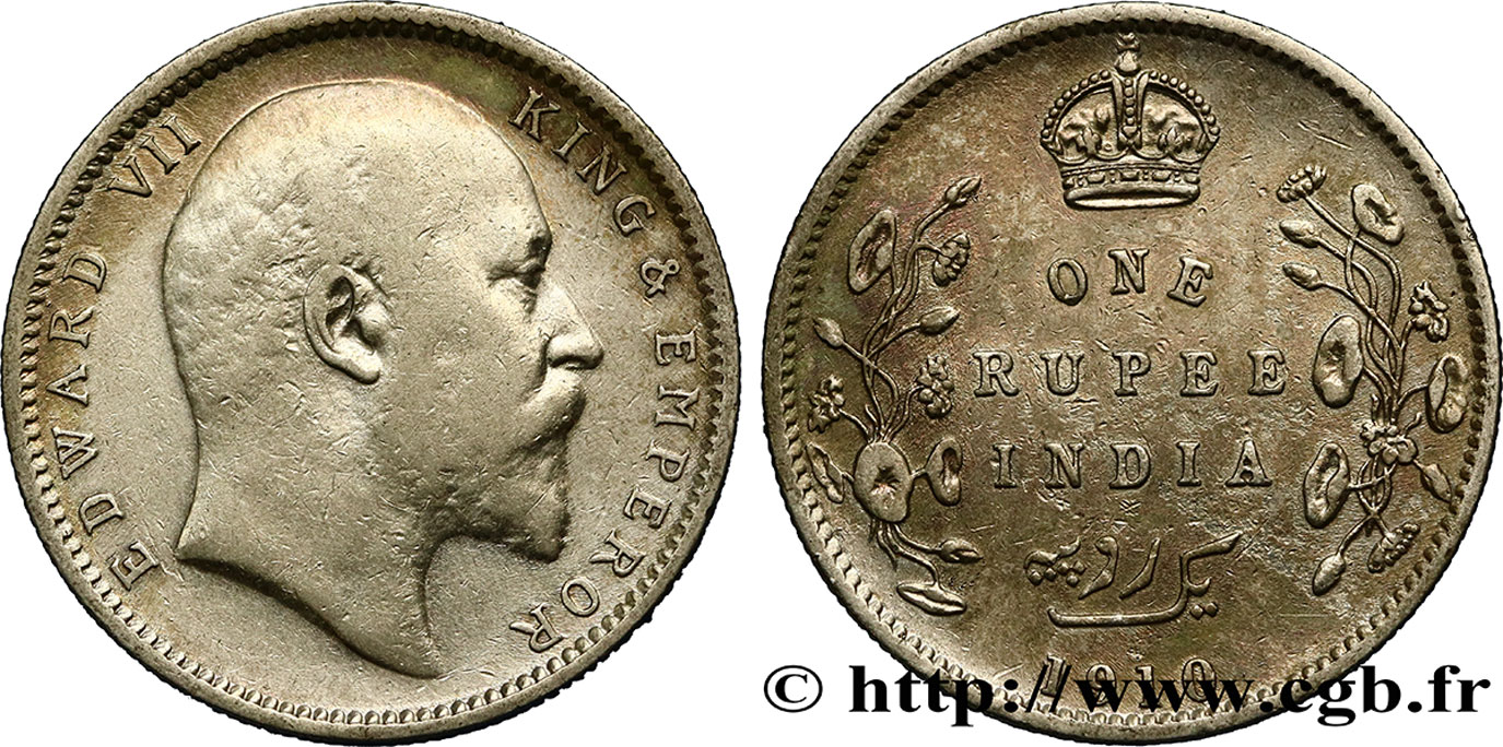 INDES BRITANNIQUES 1 Roupie Edouard VII 1910 Calcutta TB+ 