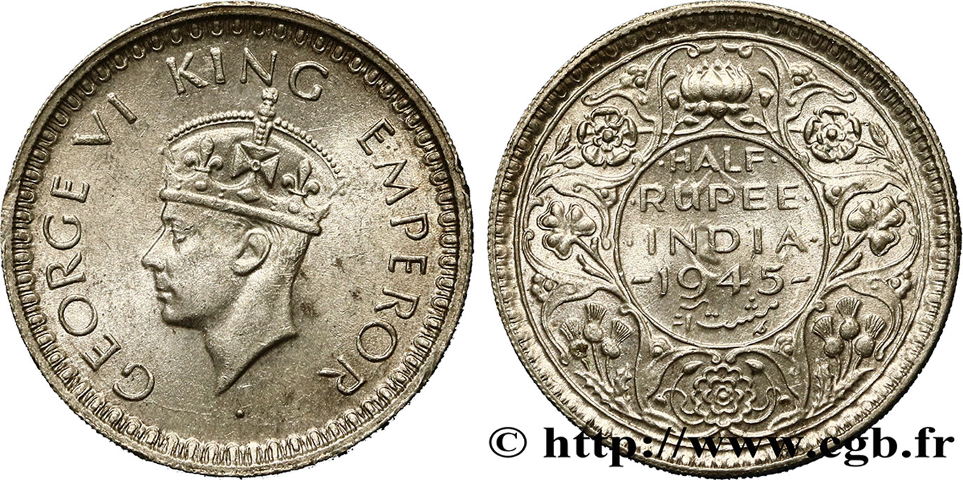BRITISCH-INDIEN 1/2 Rupee (Roupie) Georges VI 1945 Lahore - L VZ 