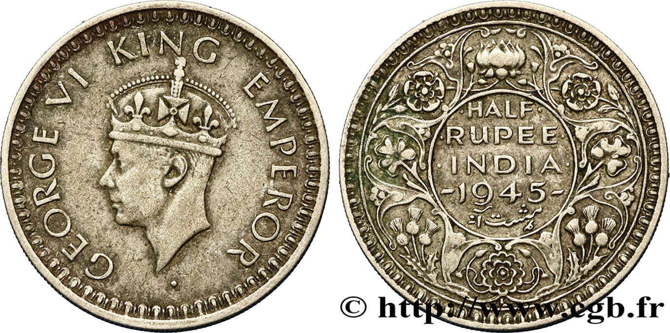 INDIA BRITÁNICA 1/2 Rupee (Roupie) Georges VI 1945 Lahore - L MBC 