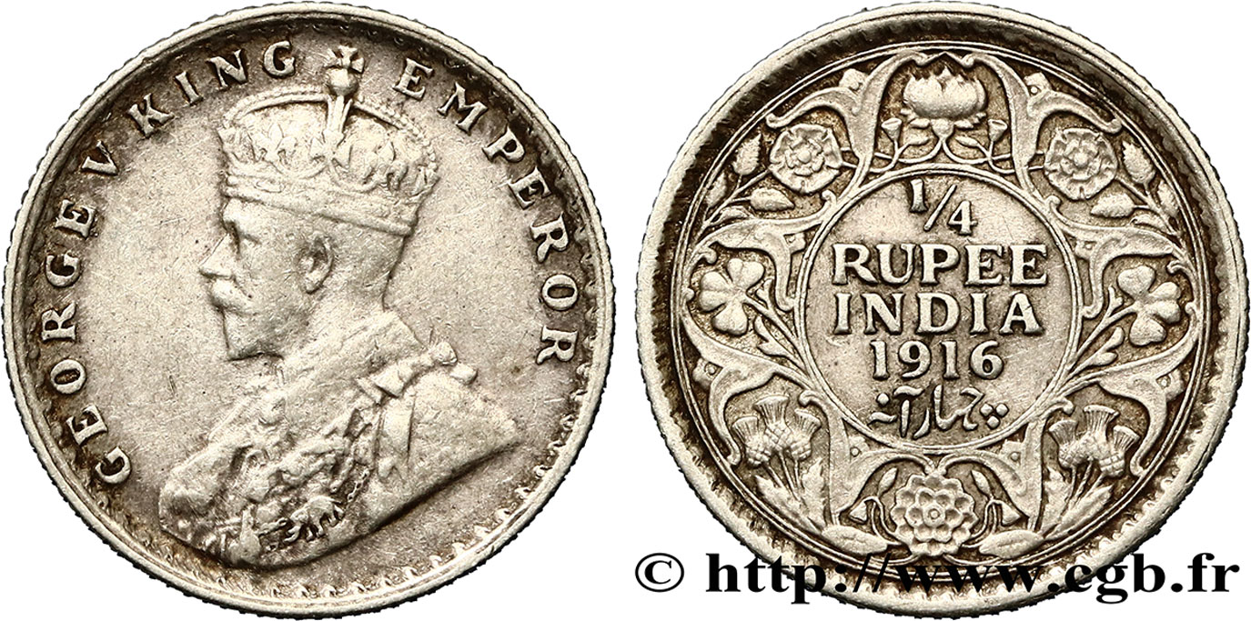 BRITISH INDIA 1/4 Roupie Georges V couronné 1916 Calcutta VF 