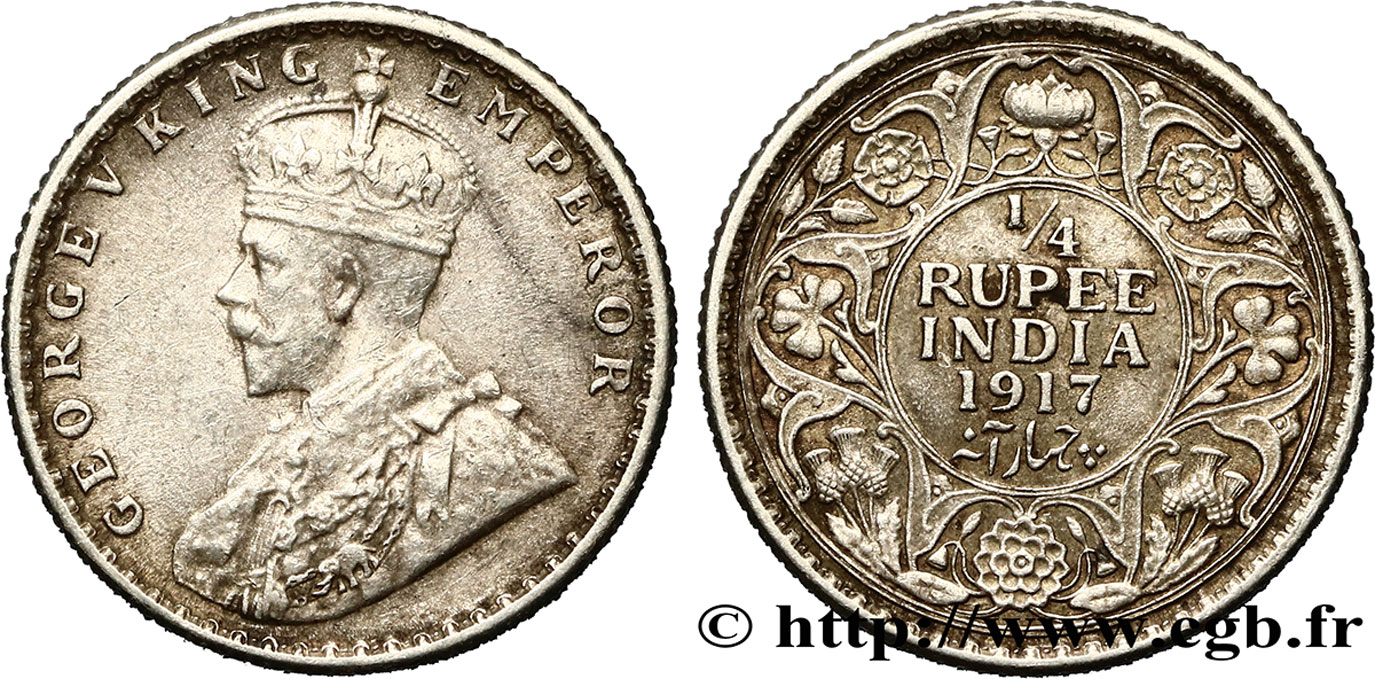 BRITISH INDIA 1/4 Roupie Georges V couronné 1917 Calcutta AU 