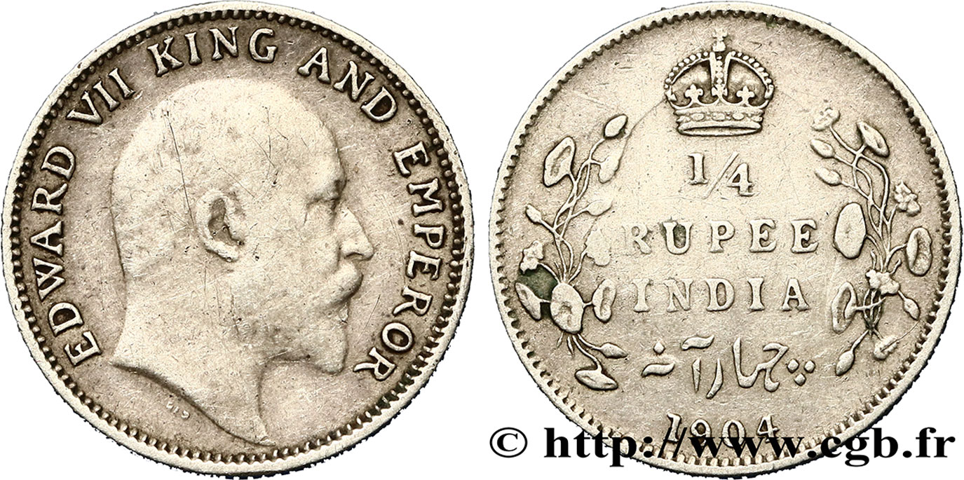 BRITISH INDIA 1/4 Roupie Edouard VII couronné 1904 Calcutta XF 