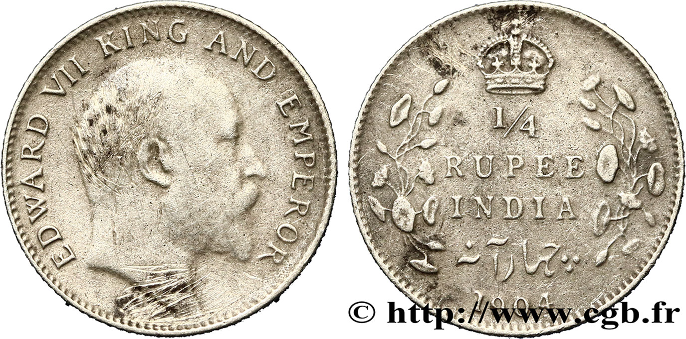 INDIA BRITANNICA 1/4 Roupie Edouard VII couronné 1904 Calcutta q.BB 