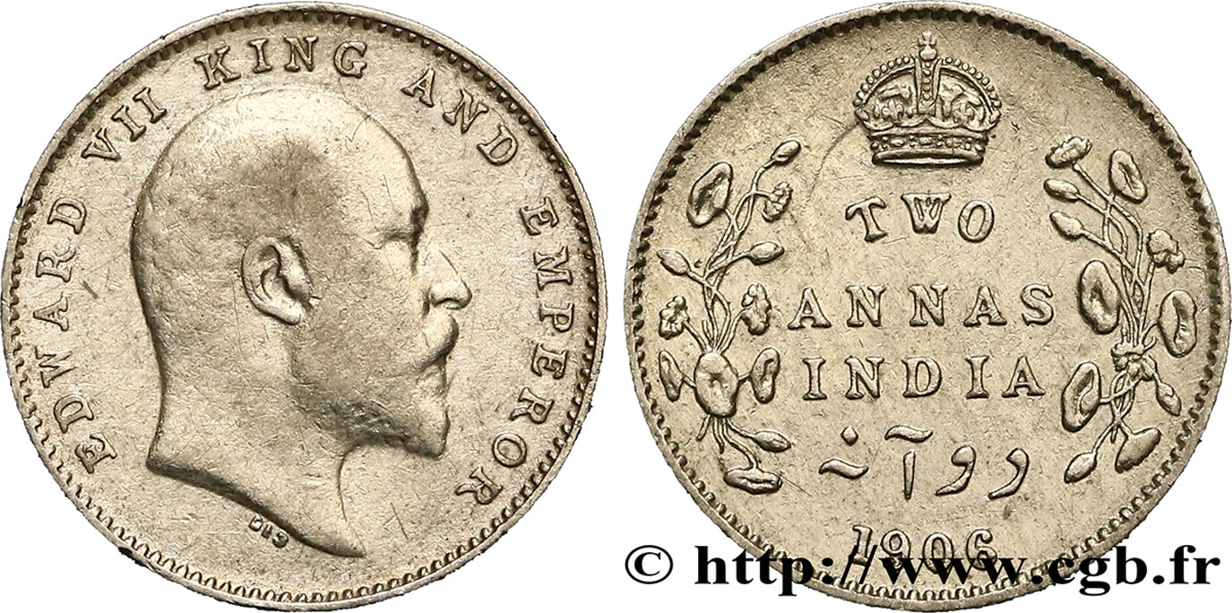 INDIA BRITÁNICA 2 Annas Edouard VII 1908 Calcutta BC+ 
