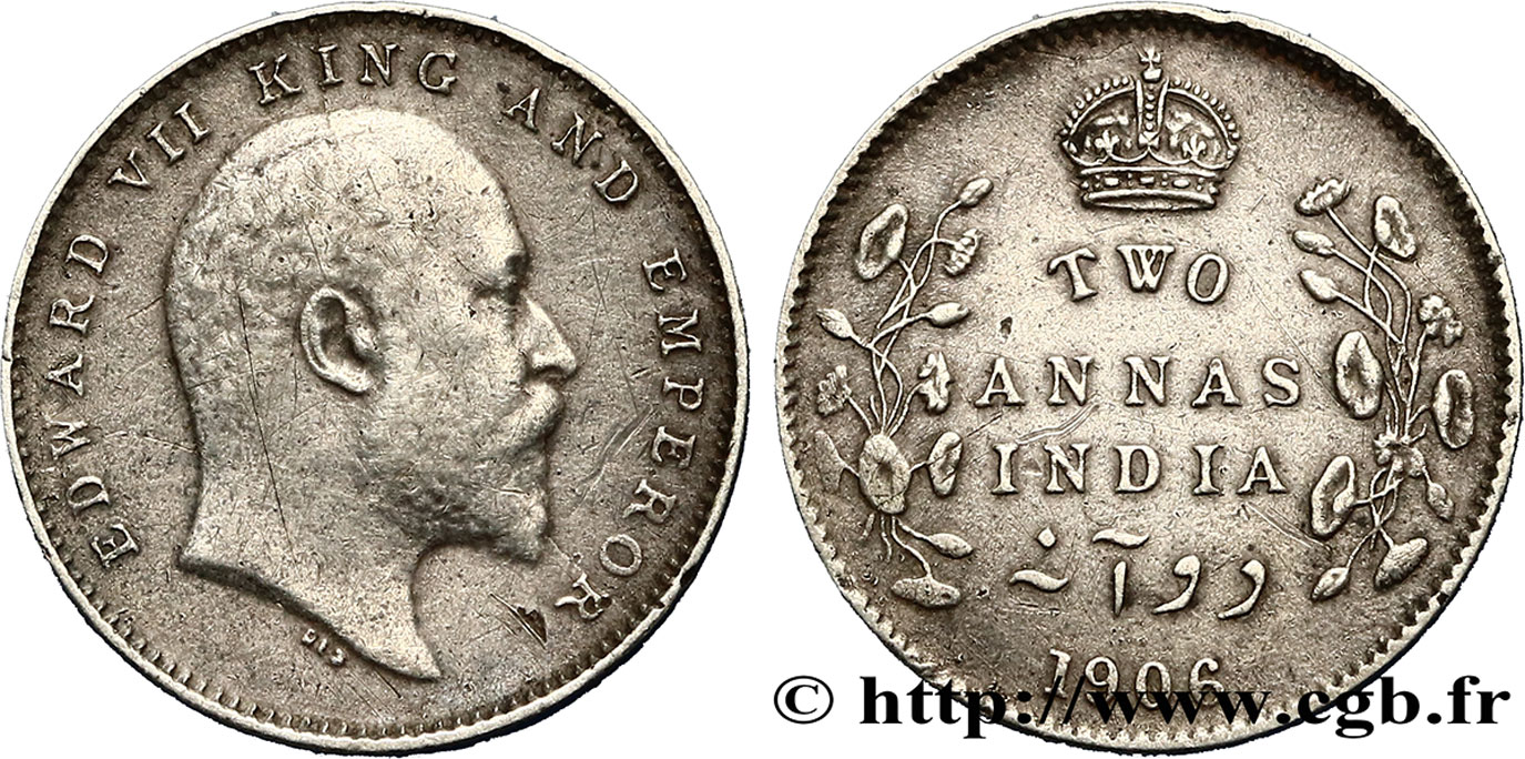 BRITISH INDIA 2 Annas Edouard VII 1906 Calcutta XF 