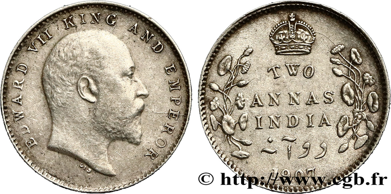 INDES BRITANNIQUES 2 Annas Edouard VII 1907 Calcutta TTB 
