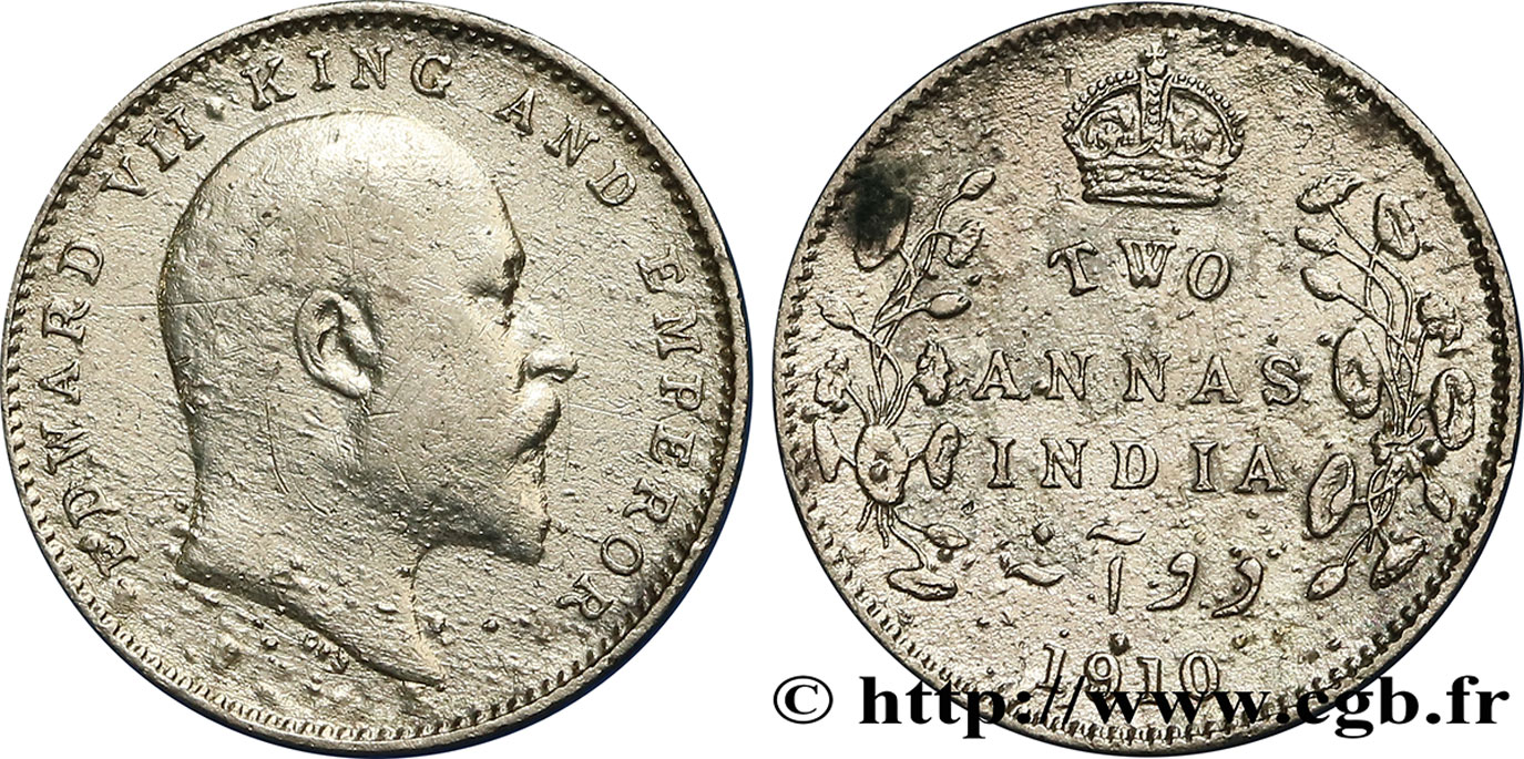 INDIA BRITANNICA 2 Annas Edouard VII 1910 Calcutta q.MB 