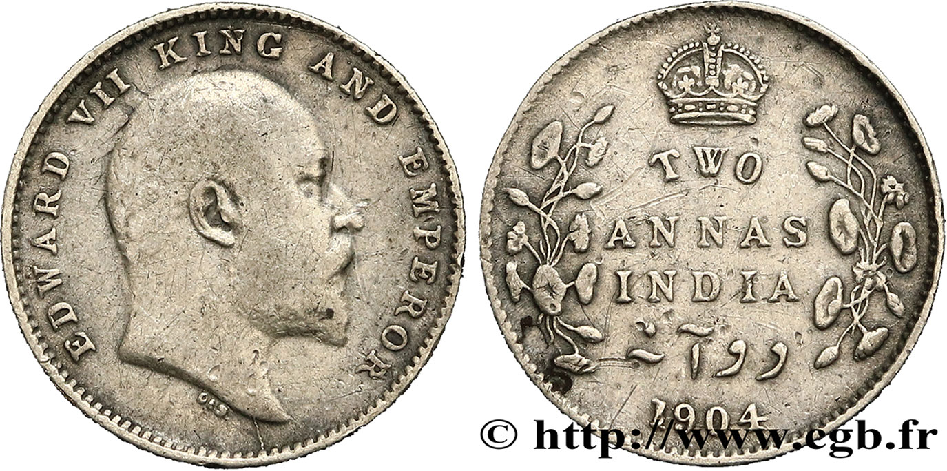 INDES BRITANNIQUES 2 Annas Edouard VII 1904 Calcutta TB+ 