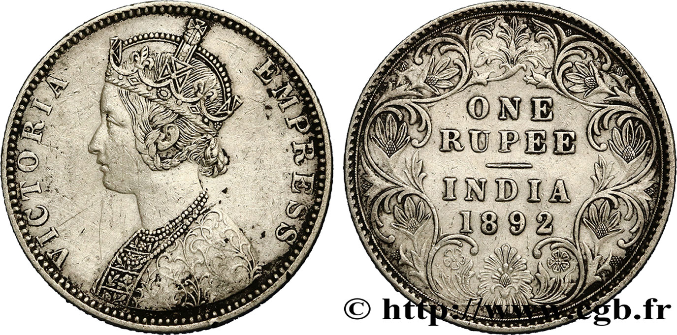 INDES BRITANNIQUES 1 Roupie Victoria 1892  Bombay TTB 