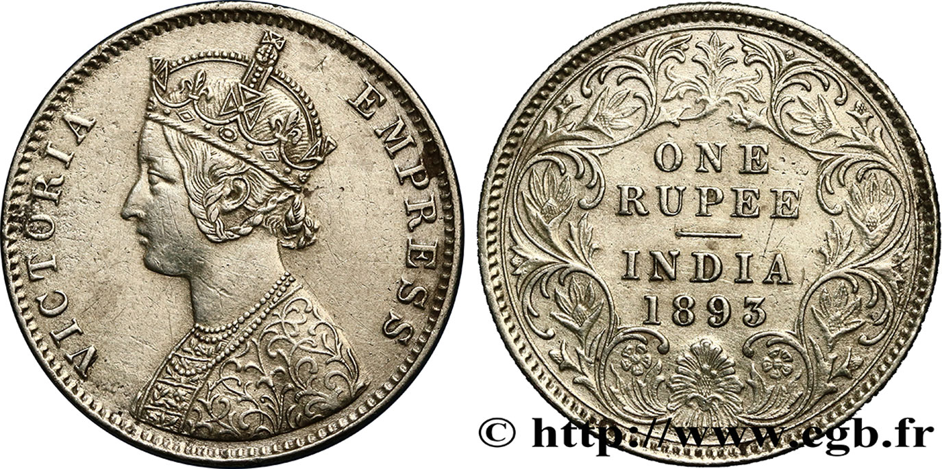 BRITISH INDIA 1 Roupie Victoria 1893 Calcutta AU 