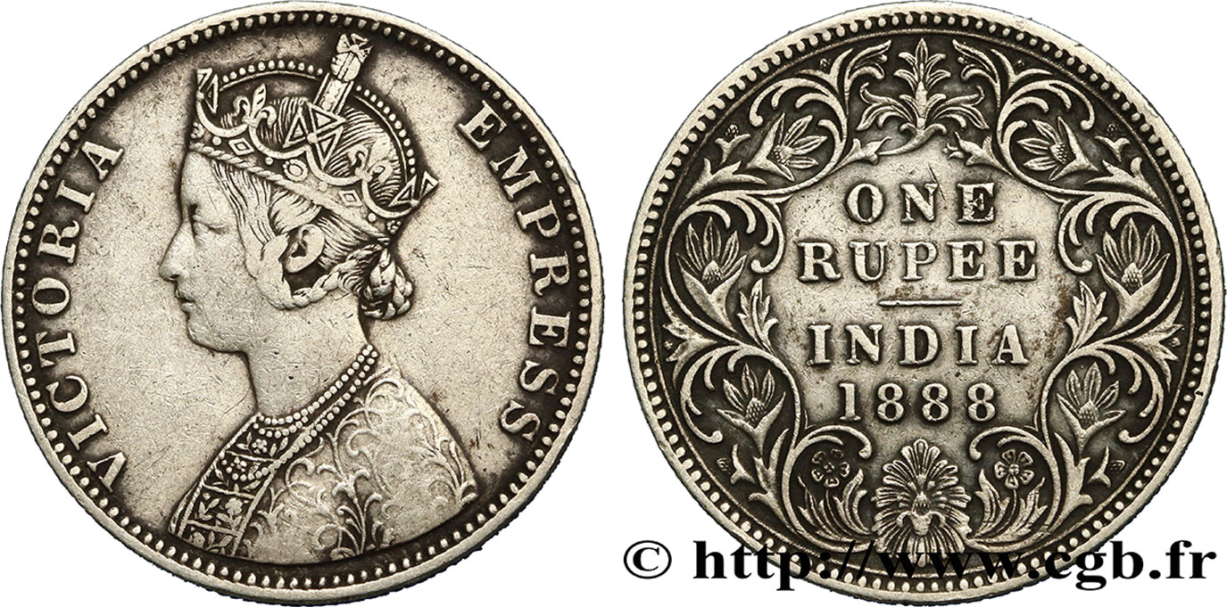 INDES BRITANNIQUES 1 Roupie Victoria 1888 Calcutta TTB 