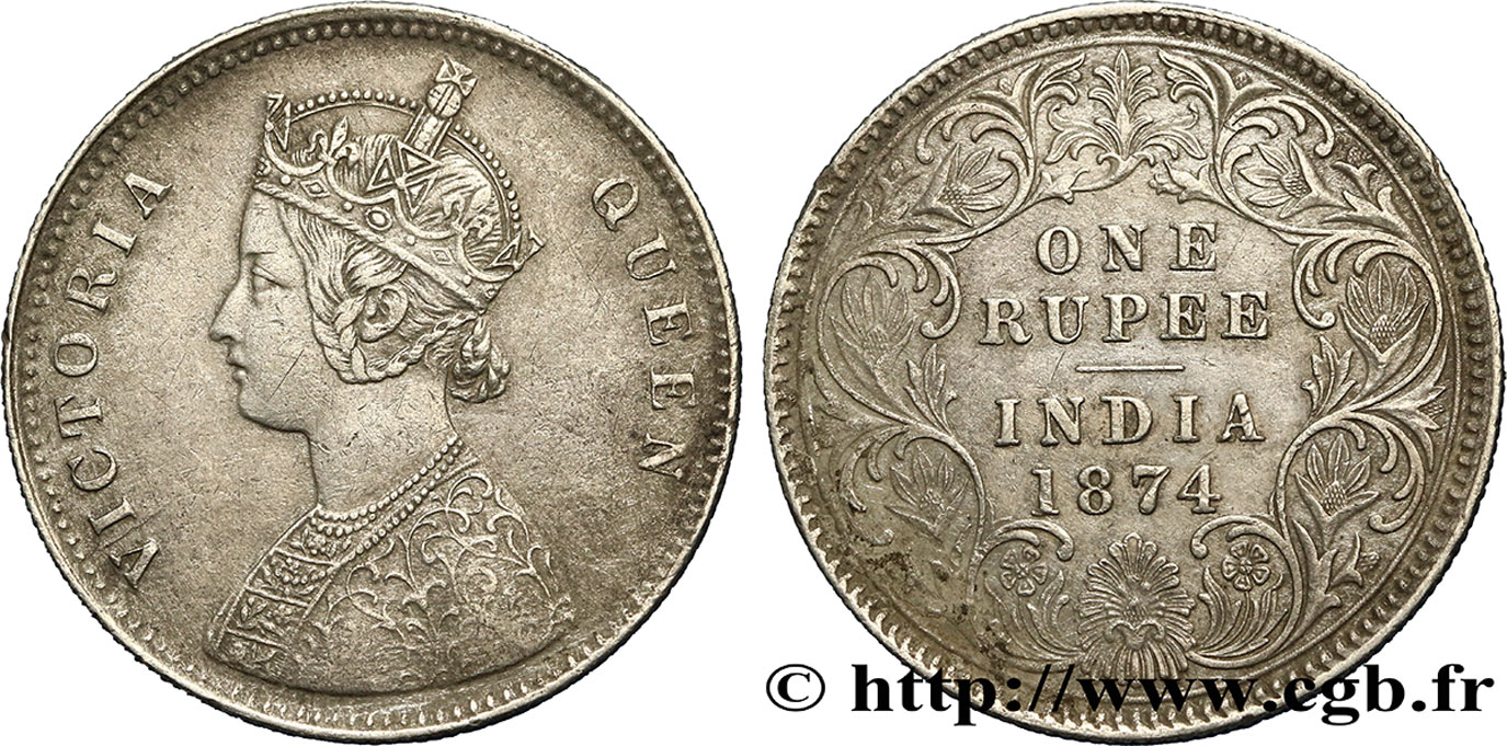 BRITISCH-INDIEN 1 Roupie Victoria 1874 Bombay SS 