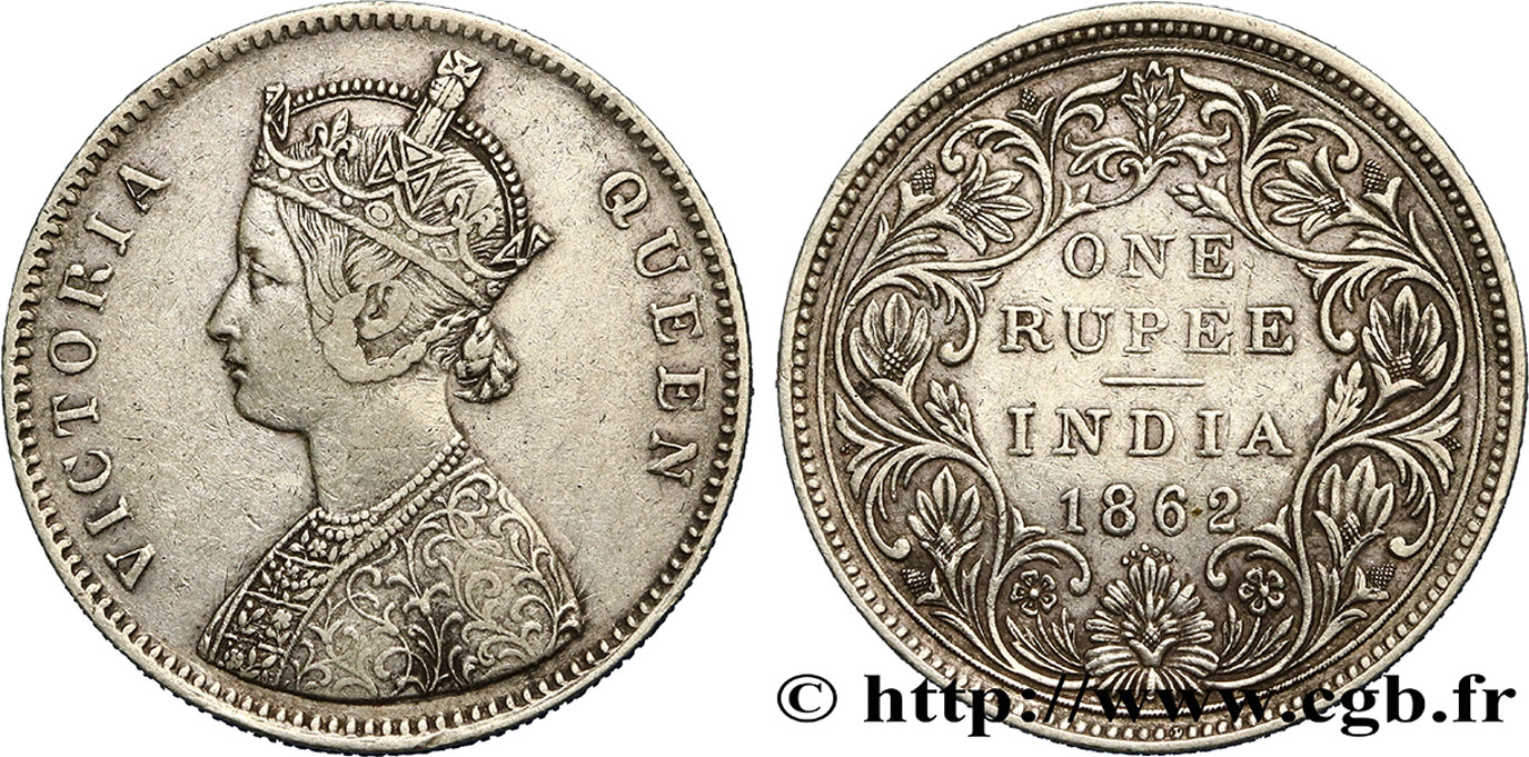 BRITISH INDIA 1 Roupie Victoria 1862 Bombay XF 