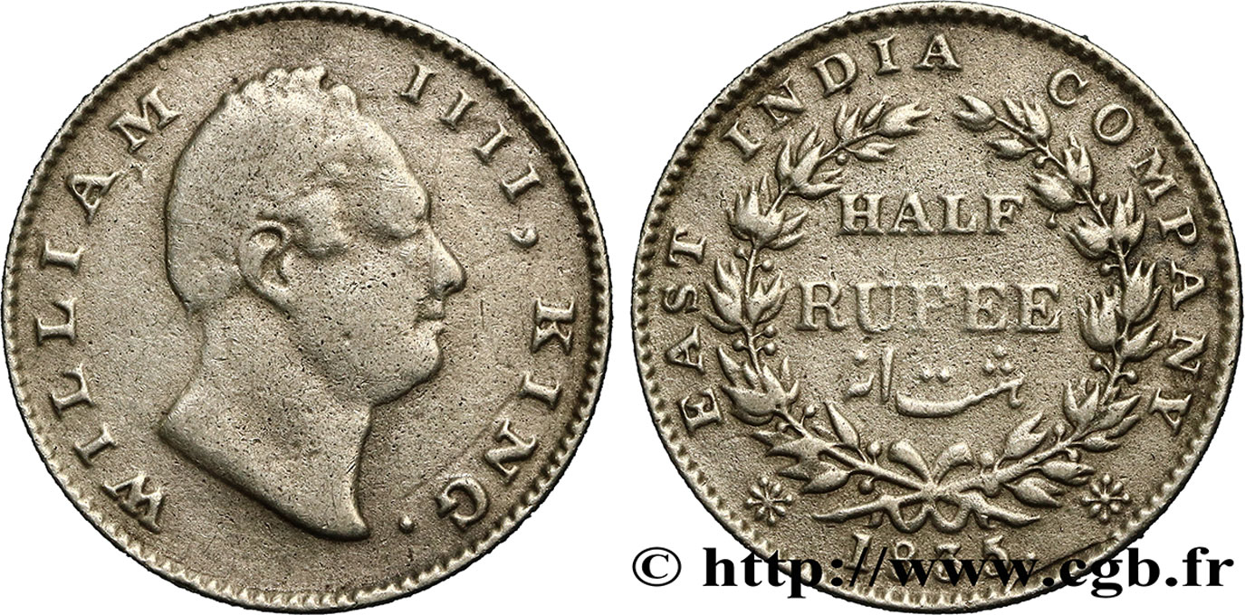 BRITISH INDIA 1/2 Roupie William IV 1835 Bombay VF 