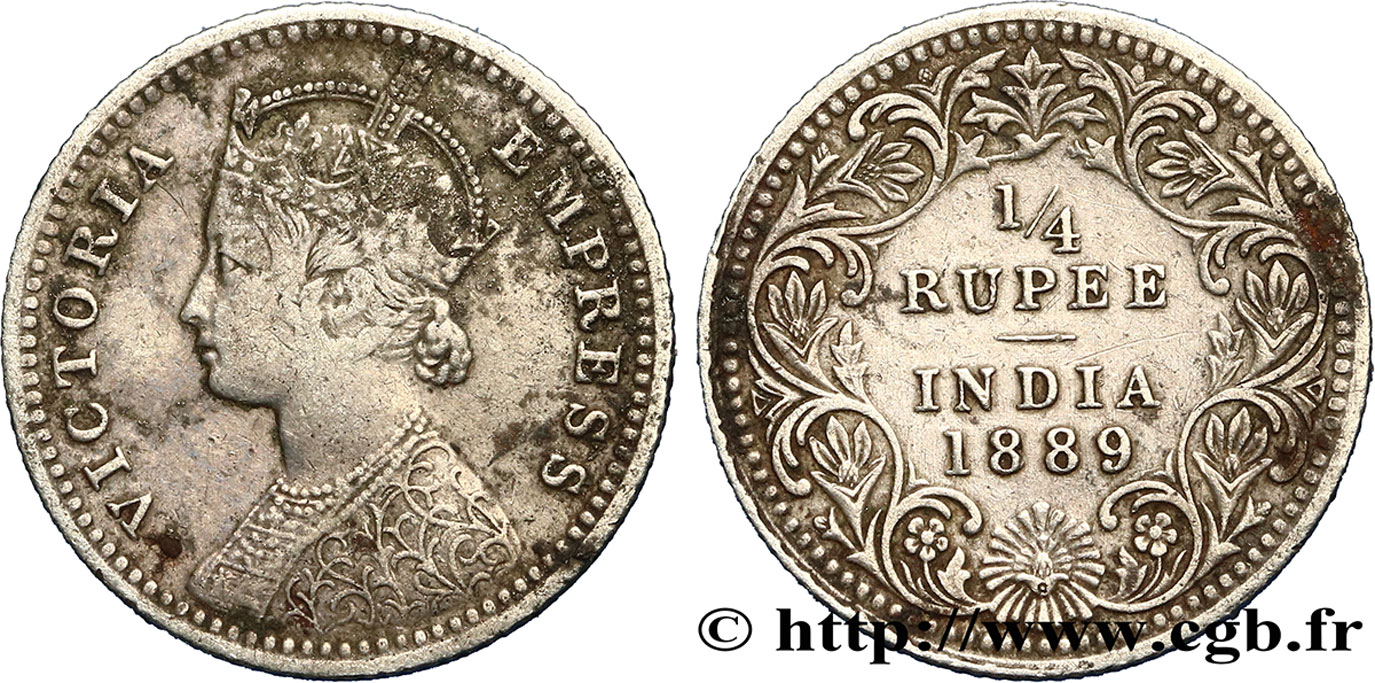 BRITISH INDIA 1/4 Rupee (Roupie) Victoria 1889 Calcutta VF 